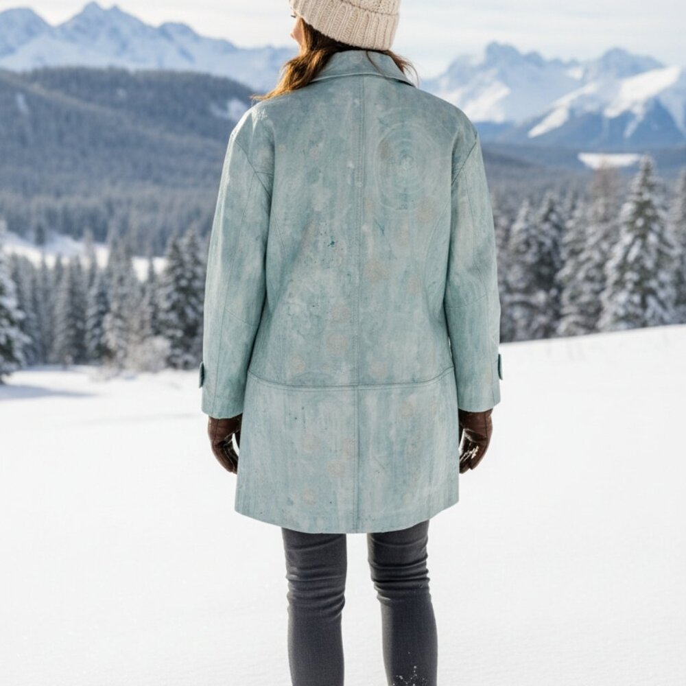 Vintage 80s BRAEFAIR Leather trench coat, Artsy Icy Blue wearable art, S 8 - Picture 7 of 14